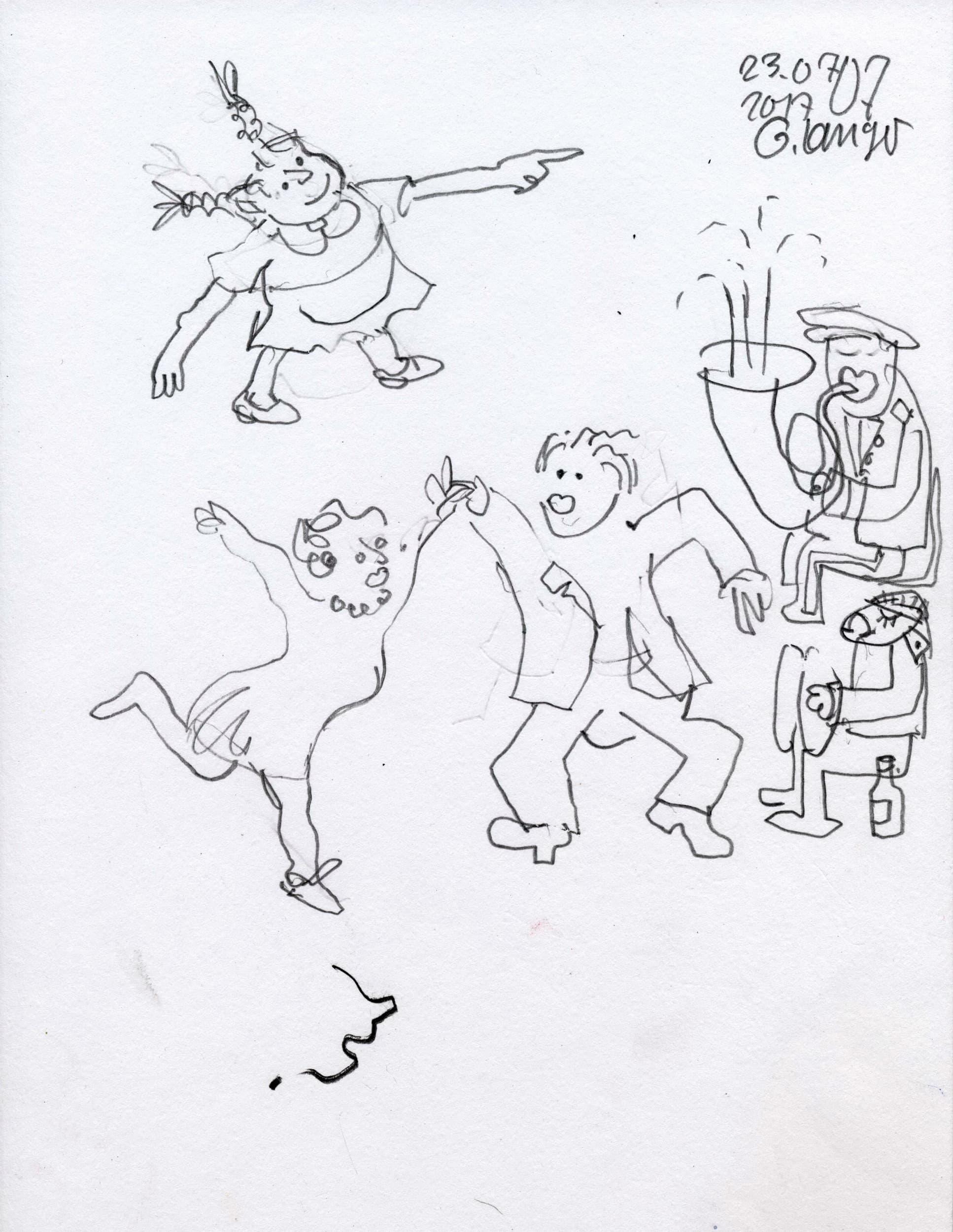 Gunter Langer, Karikatur Tanz,  Dorf Kapelle, Illustration zur Kurzgeschichte "Sepp" von Olav Stoy, 2017, Gouache Wasserfarbe Bleistift, Karton, 29 x 2 cm